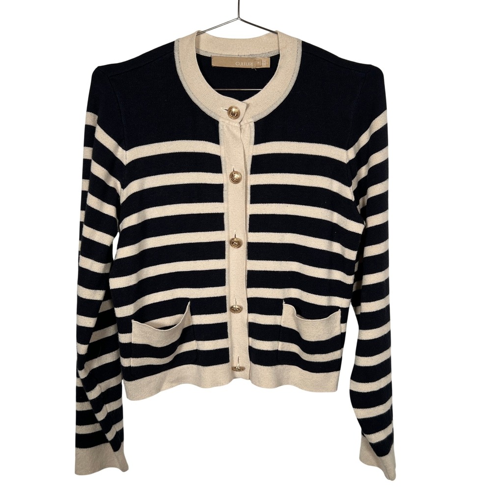 Preppy Striped Cardigan Culture Navy Cream Gold Button Nautical Medium Sweater